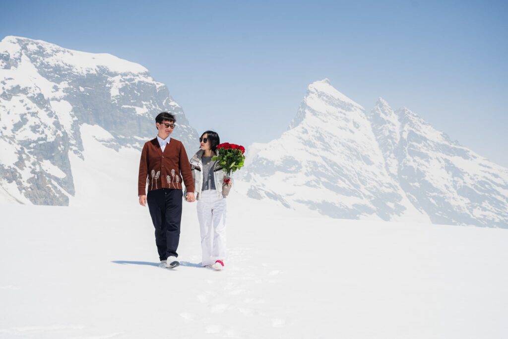 Proposal with a Helicopter on a Glacier in Switzerland Proposal with a Helicopter on a Glacier in Switzerland